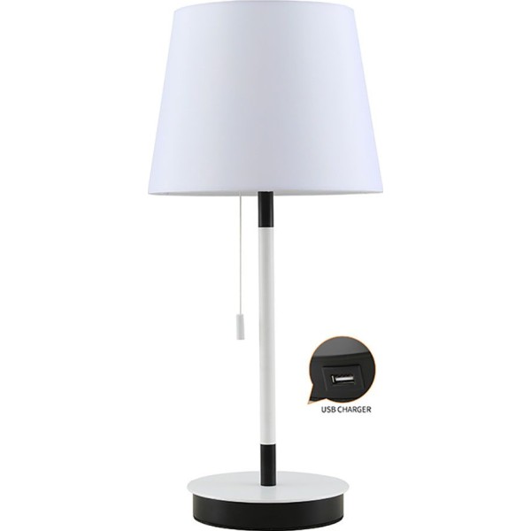 Lámpara de mesa, e27, blanca/negra, con cargador usb, ø235 x 505 mm
