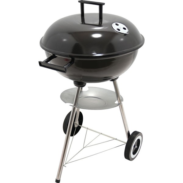 Barbacoa de carbón 3 patas con tapa y ruedas, negra, ø51 x 76 cm